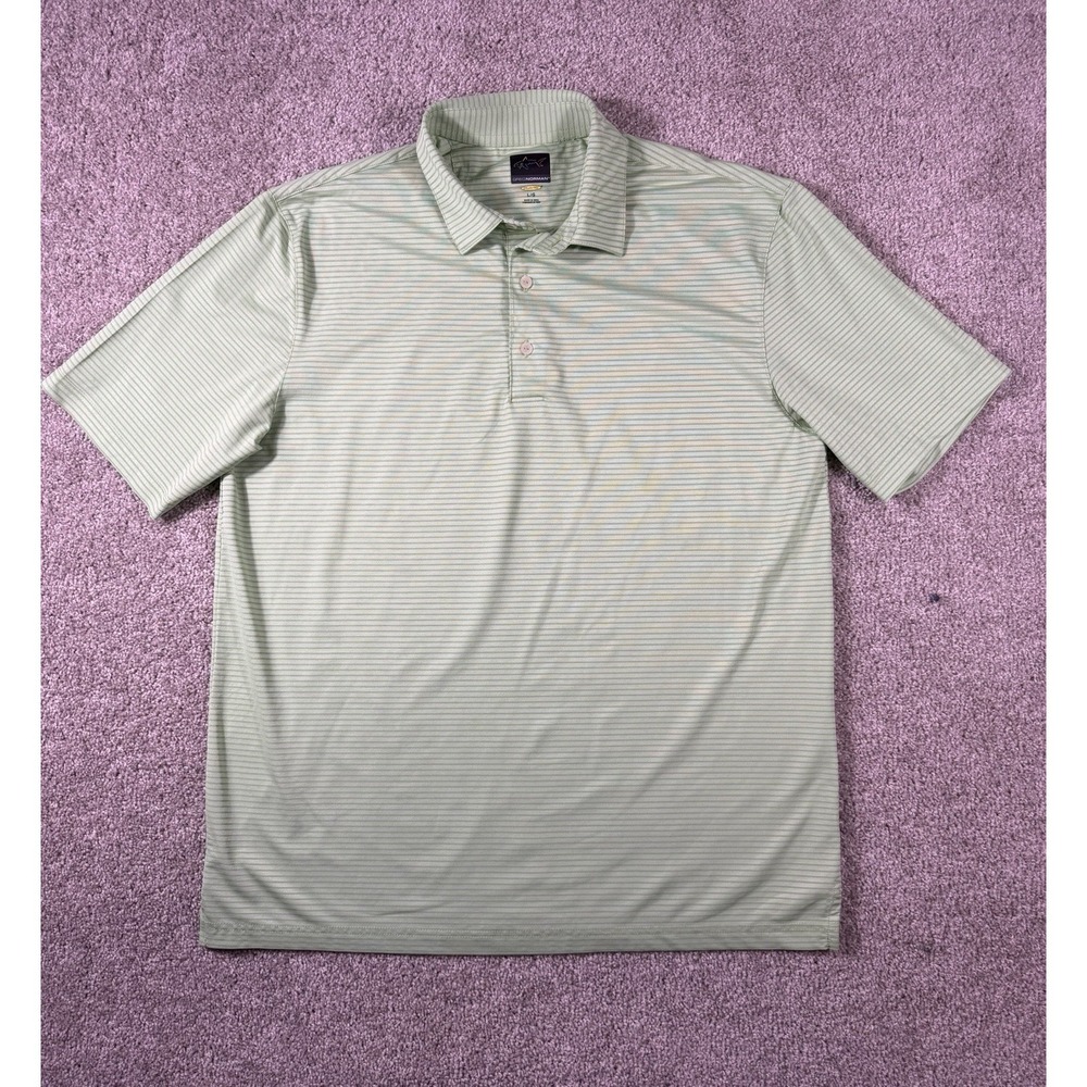 Greg Norman Play Dry Men Large L Green Striped Short Sleeve Golf Polo Shirt